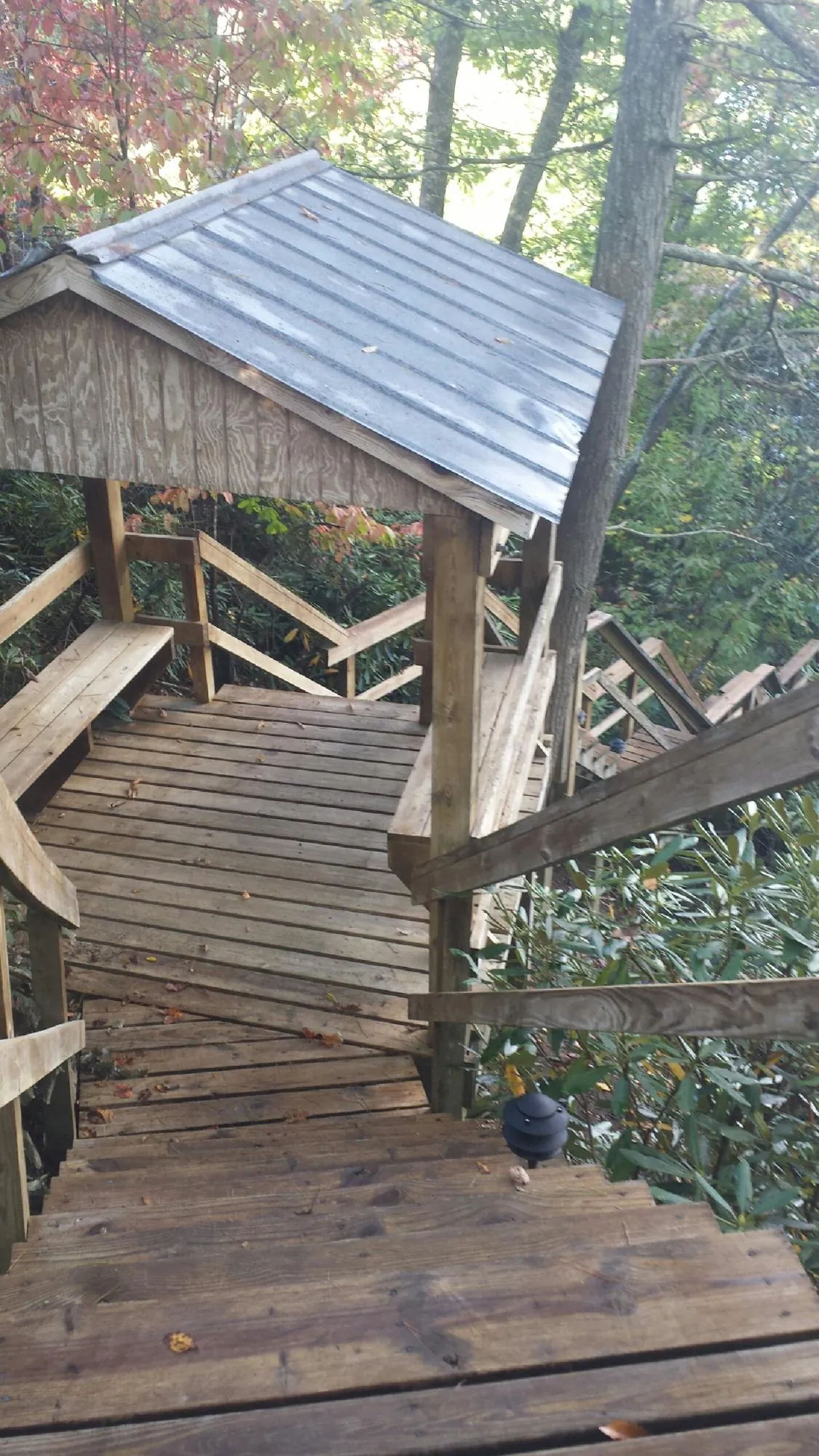 Metal roofed shelter over wooden steps on a wooded walkway — Skylight Repair & Installation work by our crew in Lometa